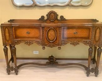 Antique / Vintage Sideboard Buffet with Carved and Inlaid Details