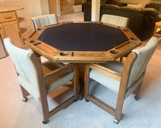 Oak Poker / Game Table with 4 Upholstered Chairs (top of table flips over)