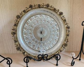 Glass Platter / Serving Plate with Brass Roses Edge