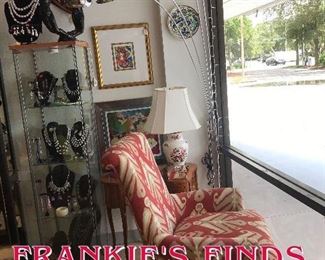 Anthropologie Ikat upholstered easy chair; Turkish pile cuval/sack; kilim rug; Vintage Aynsley China lamp