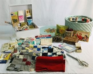 Sewing basket and box full of old notions and sewing accessories 