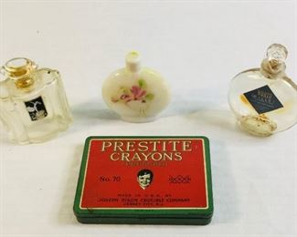Vintage perfume bottles & old Metal crayon box 