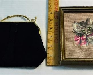 Antique beaded purse and small kitten needlepoint 