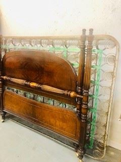 Antique full double size bed Walnut with Original wheels and metal bed springs that can be used for other projects 