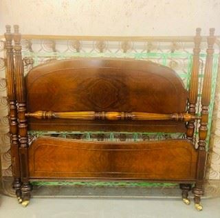 Antique full double size bed Walnut with Original wheels and metal bed springs that can be used for other projects 