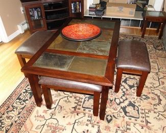 Stone Top Coffee table with two leather top stools