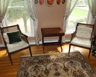 Cane back chairs and Lyre leather top tables (2 of these) Rug made in Spain