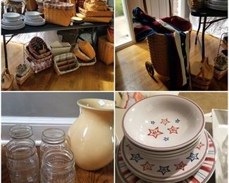 Longaberger Basket Items of note Canister Set, Shopping Basket on Wheels, and Stars and Stripes Dishes Sets