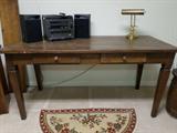 Large vintage wooden desk, stereo, brass desk lamp