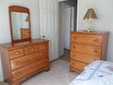 Maple tall dresser, dresser and mirror, table lamp