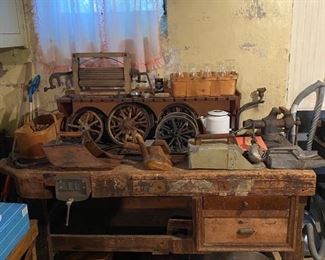 Primitive Bench/Vise, Wooden Scoops, Scissor Light, Washer Wringer