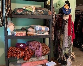 Afghans hand knitted and king bedspread  and hand knitted scarves , some vintage jewelry boxes 
