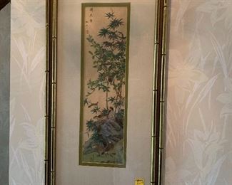 Was 150$    now 75$ --  possibly a silk -   frame is bamboo style black and gold  Beautiful piece