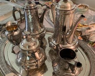  Antique  Quadruple silver service   Tauton- all pieces including tray half of $375.       Now  $187.50   Tray alone is worth  more than that price.    Probably made late 1800 or early 1900