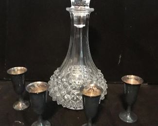 decanter and silver plate sipping cups