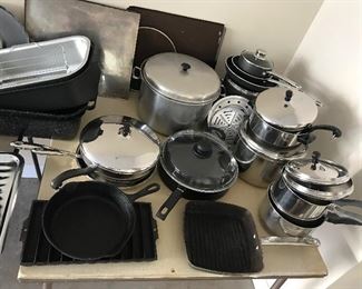Many kitchen items: pots and pans