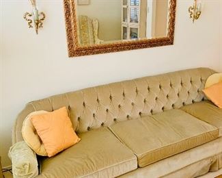 Mid century Drexel Herritage crushed velvet Chesterfield upholstered style sofa.