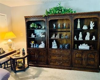 Mid century American Drew Inc. cherry wood wall unit and home decor.