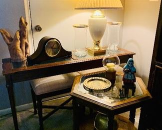 Mid century octagon end table, sofa table, and two benches. Mantle clock, Stiffel lamp, drift wood, spittoon, chalkware figurine, and more.