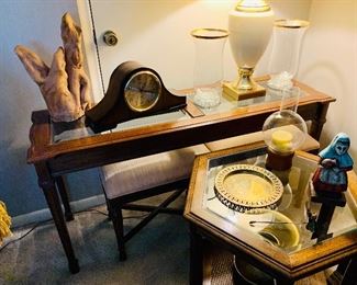 Mid century modern hexagonal drum end table, coffee table, benches, Stiffel brass and porcelain table lamp.