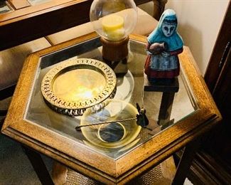 Mid century hexagonal shaped two tiered Smokey glass drum end table with cane bottom.