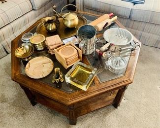 Mid century Danish modern two tier octagonal glass top coffee table with cane bottom, two tier hexagonal drum table, two tier end table, sofa table, and matching benches set.