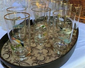 Set of vintage duck glass barware and fleur de lis tray