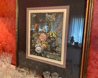 framed print and fostoria (?) crystal pieces