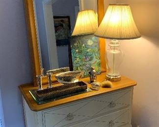 Ethan Allen small dresser filled with silver and sterling dressing table pieces