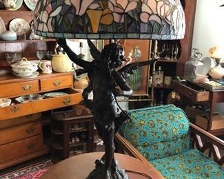 Auguste Moreau Large Bronze Cupid Holding Bow with leaded stained glass shade