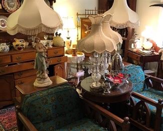 Mid Century pair of chairs and antique lamps 