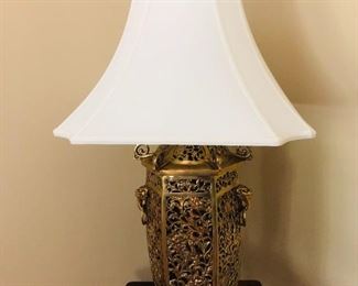 ITEM 17: SOLID ORIENTAL LANTERN SHAPE BRASS TABLE LAMP with white octagon lamp shade