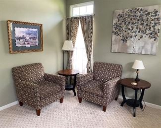 $200.00 each - England by Lazyboy Custom Upholstered Arm chairs.  Like New condition. 32 1/4 deep x 32 1/2 wide.  $ 50.00 Pr. of round tables 24 inches across.   $ 35.00 Floor lamp and $ 10.00 table lamp