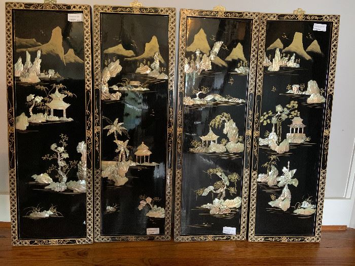 4 panel oriental wall panels with shells, hand painted