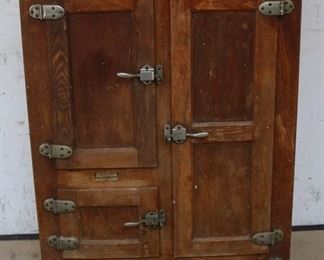 Lot #17 - Leonard Oak Triple Door Ice Box 32" x 18" x 17 1/2" - porcelain interior