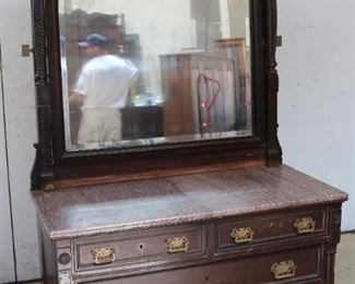 Lot #37 - Walnut Victorian Marble Top Dresser w/Mirror 80" x 48 1/4" x 22" - Chocolate Marble
