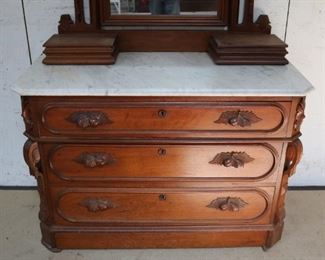 Lot #51 - Victorian Walnut Marble Top Dresser w/Mirror 45" x 21" x 92"
