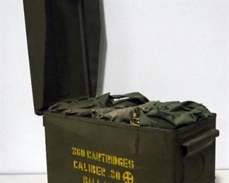 .30 Cal Ammo, Approx 359 Rounds In 5 Rd Clips In Bandoliers In Metal Ammo Box