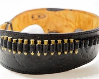 Tooled Leather Revolver Holster On Leather Belt With 20 Cartridge Holders For .22 Ammo (14 Rounds Included)