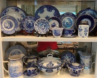 Assorted antique flow blue & blue transfer ware