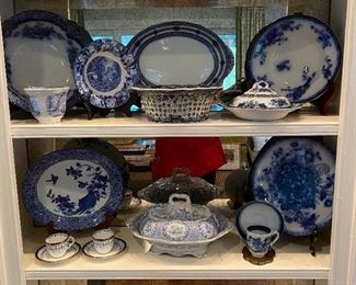Assorted antique flow blue & blue transfer ware