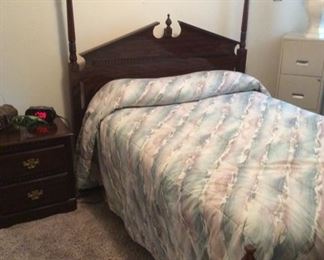 Full size bed and night stand. Matching chest of drawers and dresser with mirror.