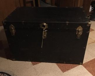 Vintage industrial storage steamer trunk with shelf and key