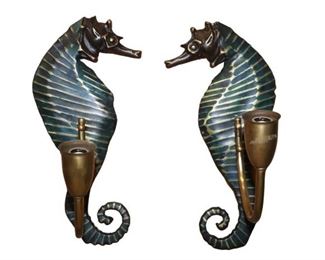 PEPE MENDOZA Sconces of Brass Sea Horses with turquoise enamel finish.