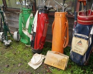 Groovy vintage Golf Club bags / some wooden clubs