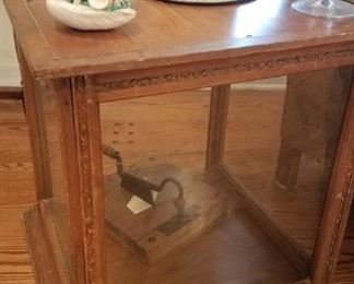 Primitives!! Oak counter cheese display cabinet w/ wood rollup front