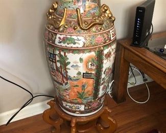 47” Vintage Famille Rose Oriental porcelain floor vase purchased in China, On wooden stand $500