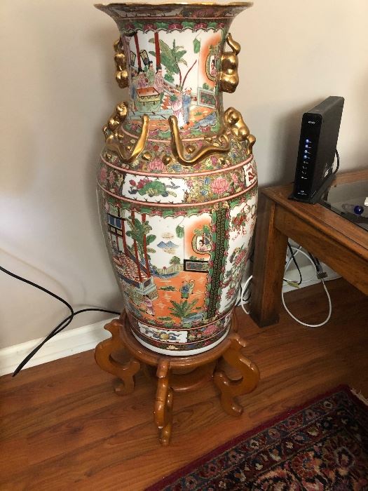 47” Vintage Famille Rose Oriental porcelain floor vase purchased in China, On wooden stand $500