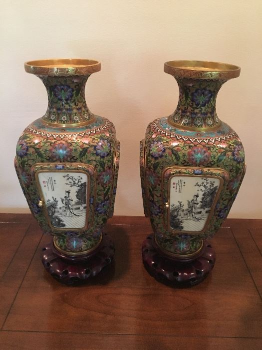 incredible pair hand painted enamel on brass vases 