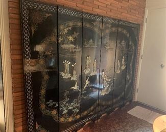 6 panel highly decorated lacquered screen with jadeite accents